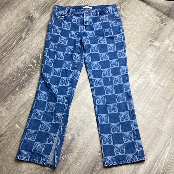 PacSun size 28 Blue Bootcut Jeans with Butterflies Print Summer Pants GUC - Picture 1 of 10